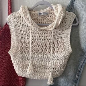 Zara Sweater Womens Ivory Open Knit Cropped Hoodie Tassel Tie Boho Size S